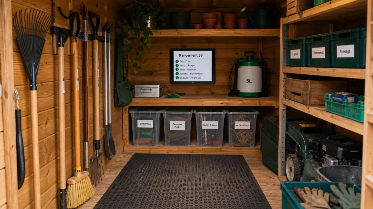 Aménagement abri de jardin 10 m² : rangement et outils organisés