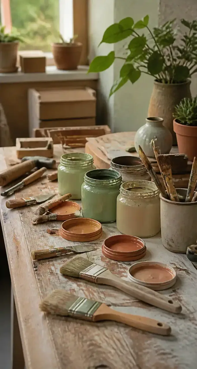 Atelier DIY avec outils et pots de peinture terracotta et sauge