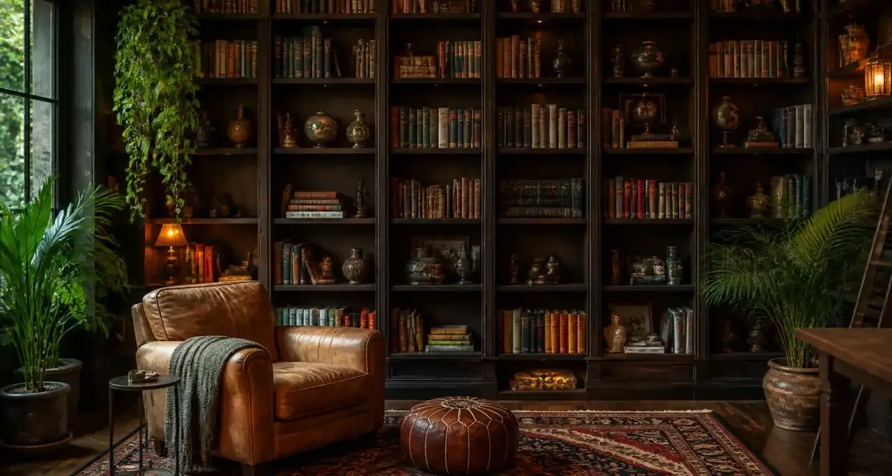Bibliothèque murale en bois sombre et fauteuil de lecture en cuir