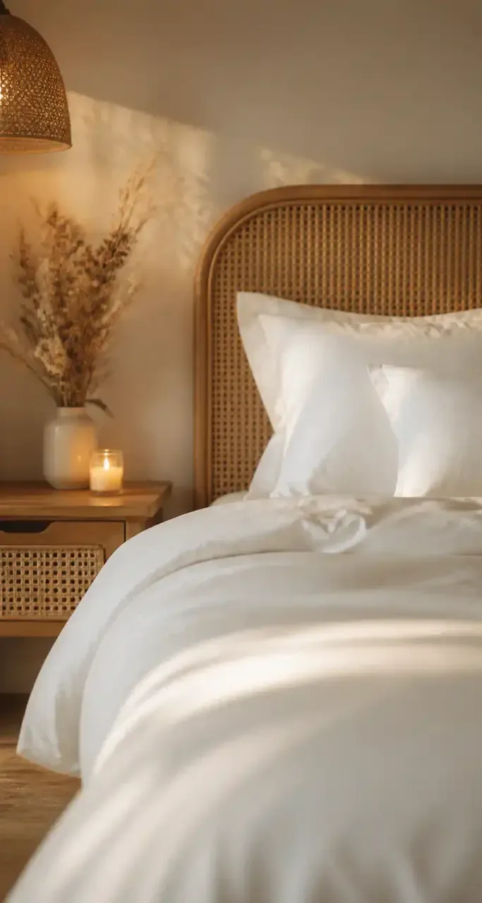 Chambre cocooning en home staging avec rotin et fleurs séchées