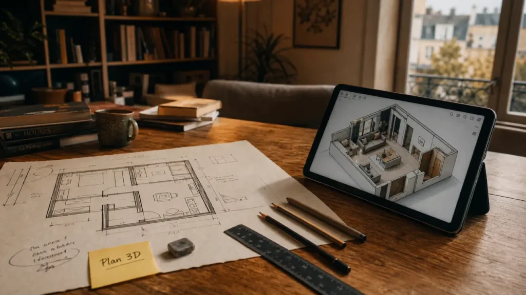 Creation plan 3D en ligne : plan 2D vers rendu réaliste, modèle 3D sur tablette