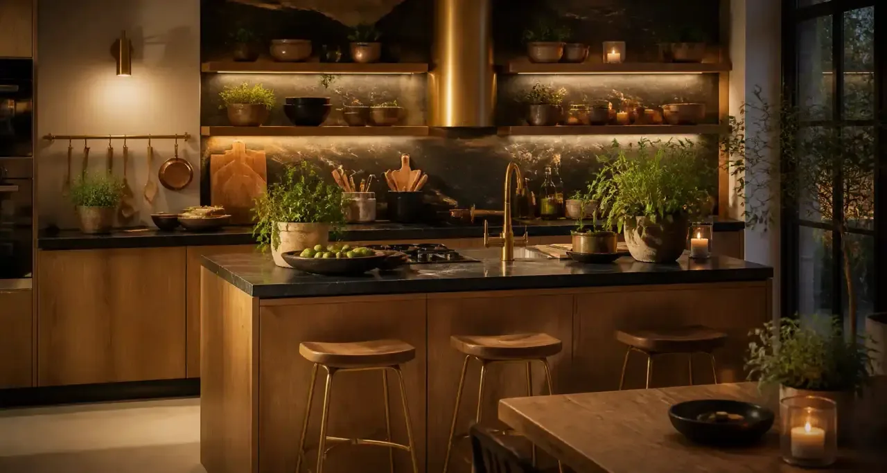 Cuisine ouverte en bois avec touches de laiton et plan de travail en granit