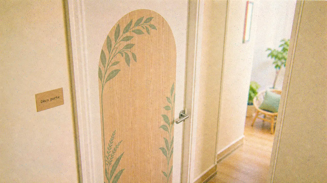 Décoration porte intérieure : grand sticker effet bois clair sur porte blanche