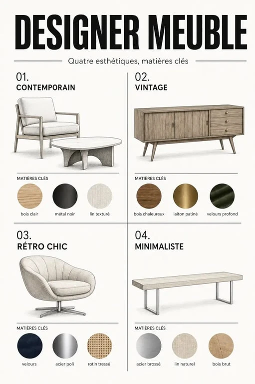 Infographie sur designer meuble : styles, matières et effets dans la pièce