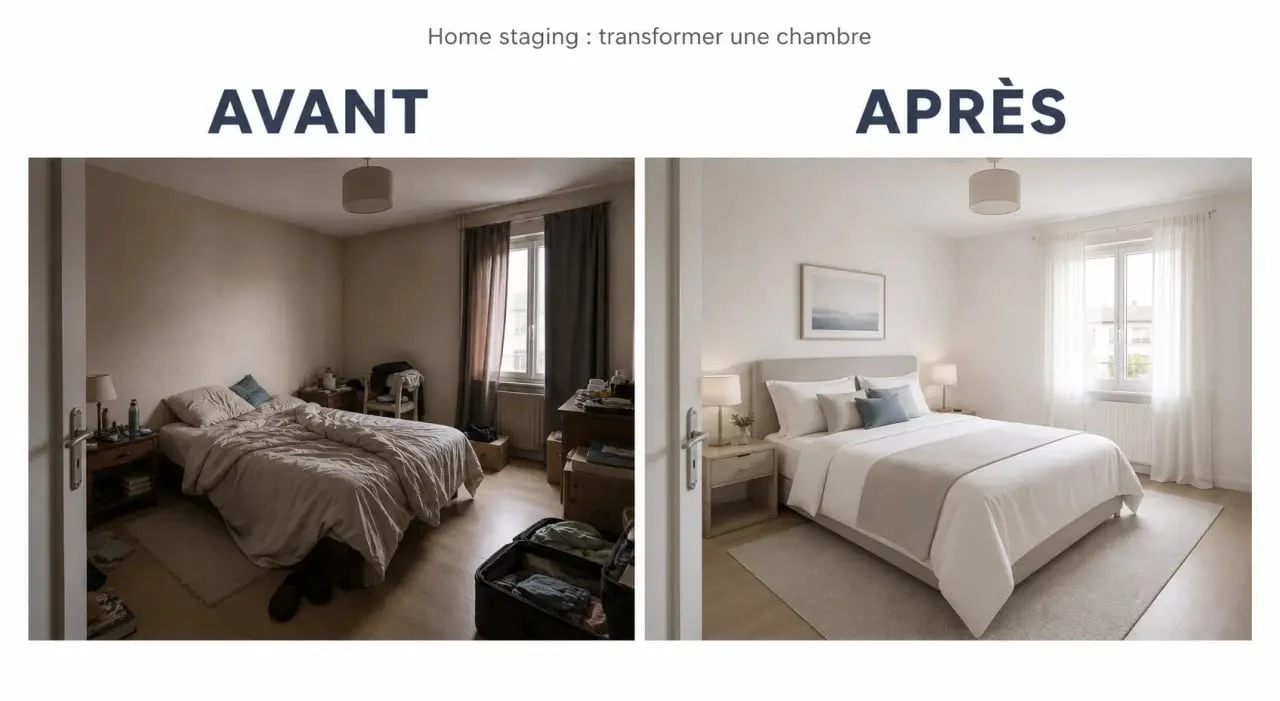 Home staging chambre avant/après dans une chambre lumineuse et épurée