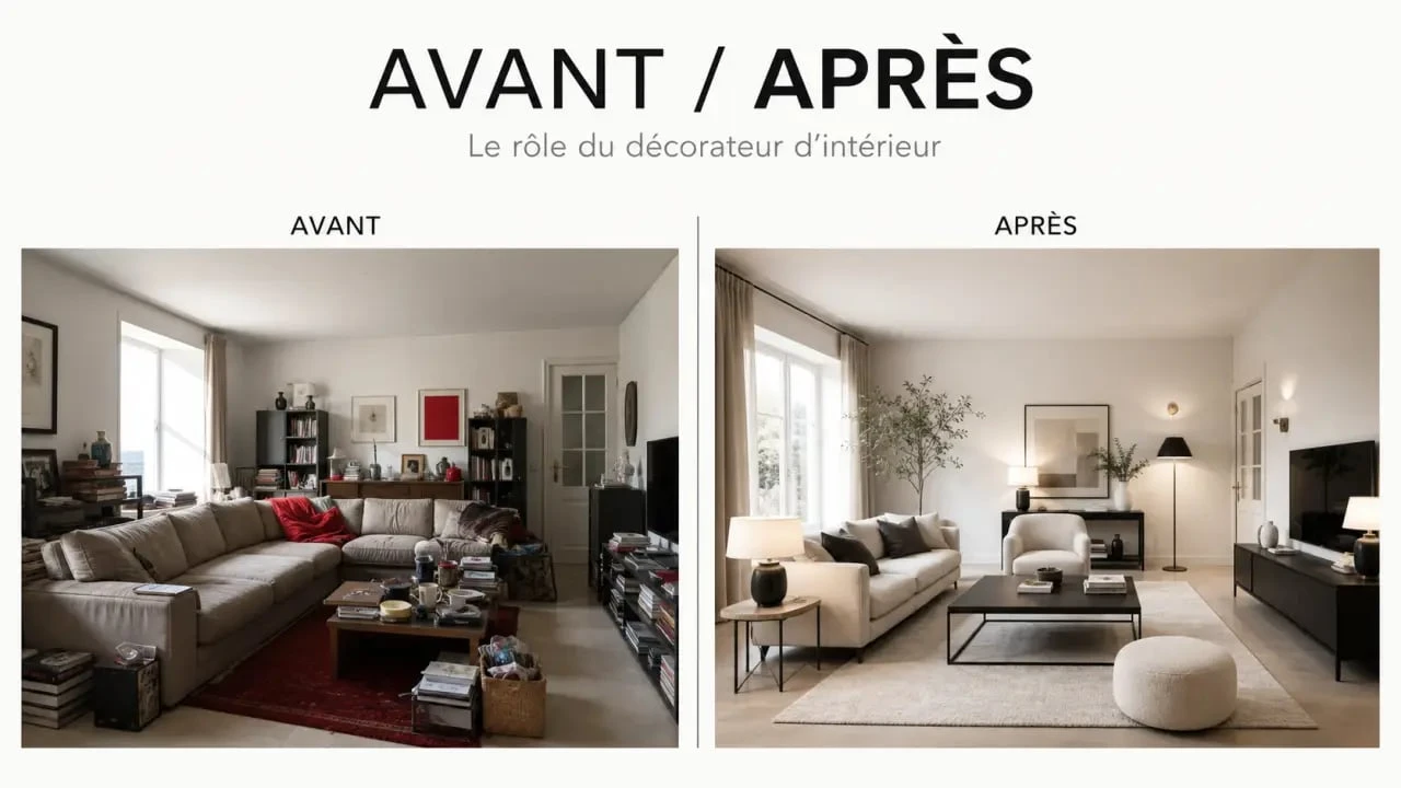 Décorateur d'intérieur : avant/après d’un salon repensé avec une ambiance harmonieuse