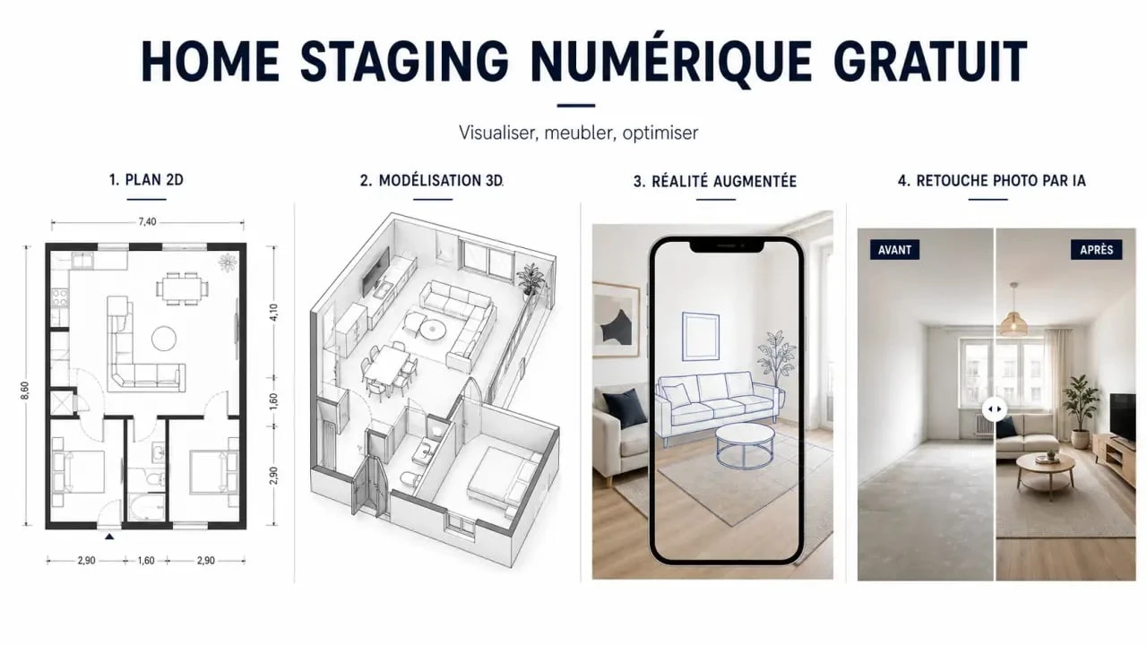 Application home staging gratuit : illustration comparative des usages 2D, 3D, réalité augmentée et IA