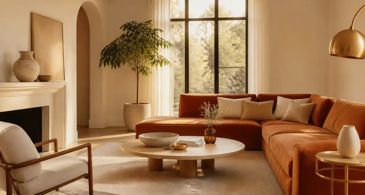 Salon contemporain lumineux avec canapé en velours terracotta, table en chêne clair et touches de laiton