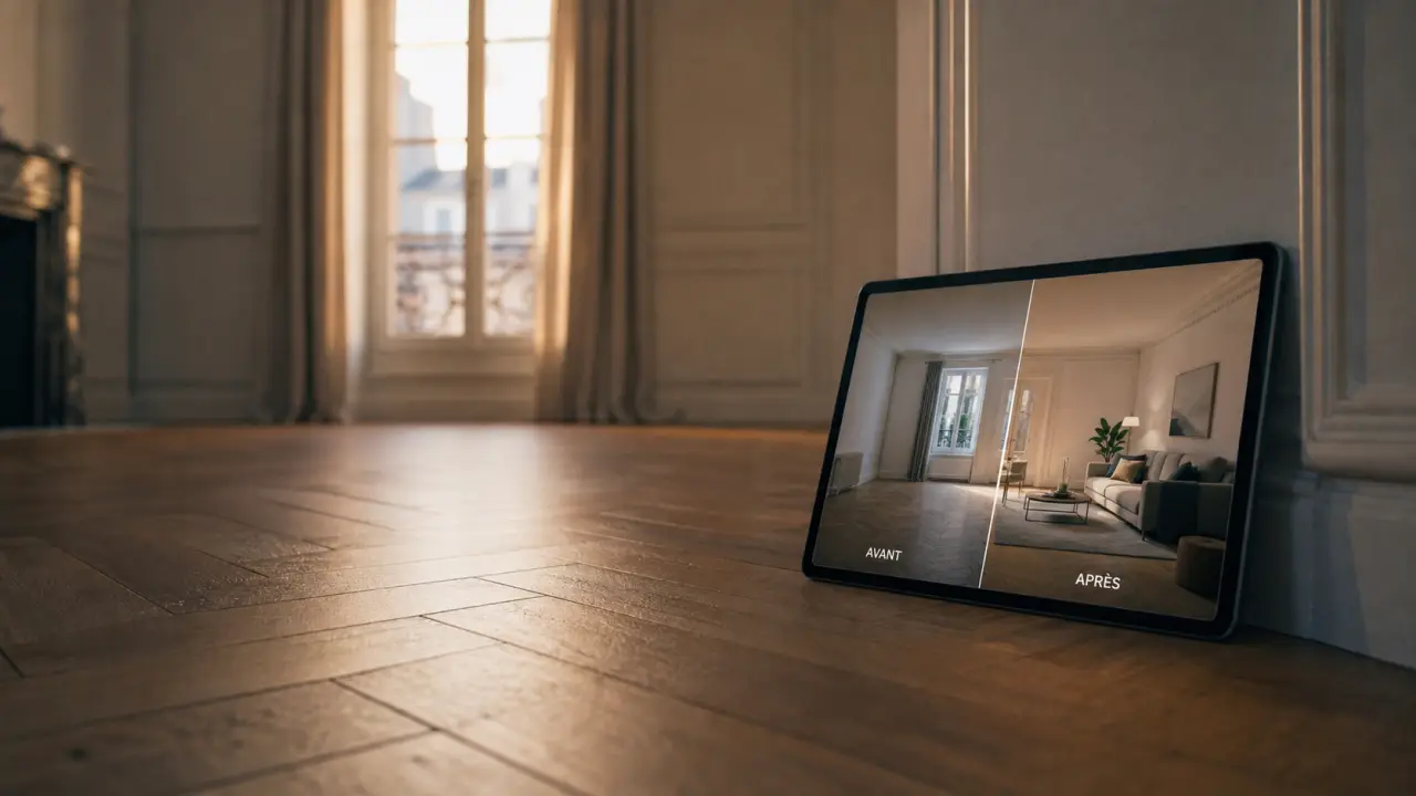 Home staging virtuel : salon vide avant/après