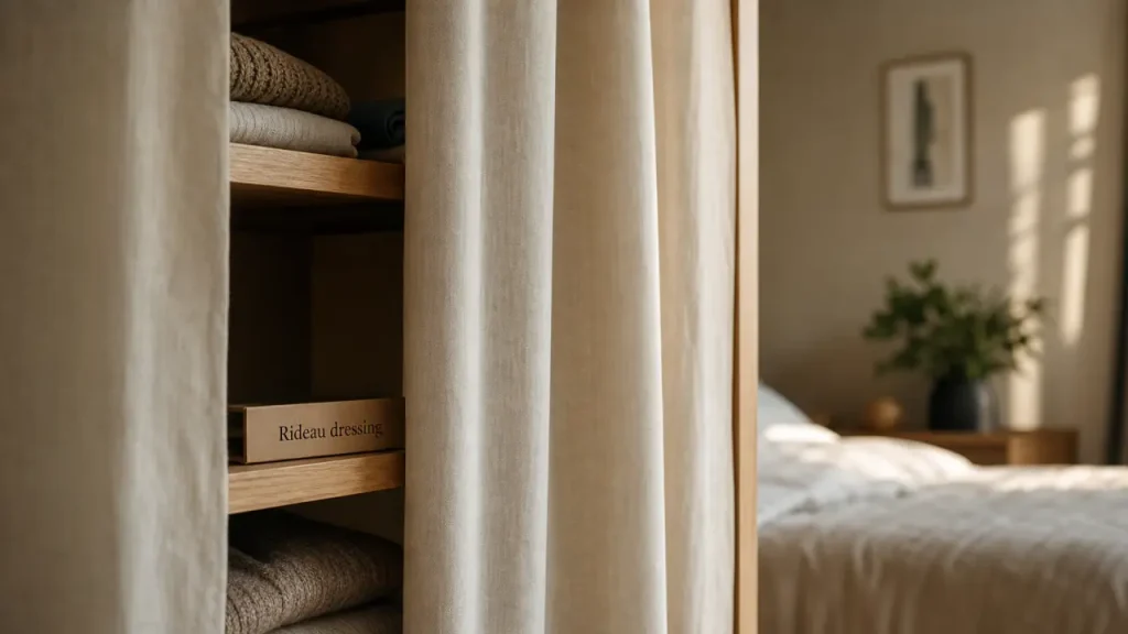 Idée pour fermer un placard sans porte : rideaux de dressing en tissu crème
