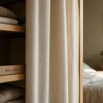 Idée pour fermer un placard sans porte : rideaux de dressing en tissu crème