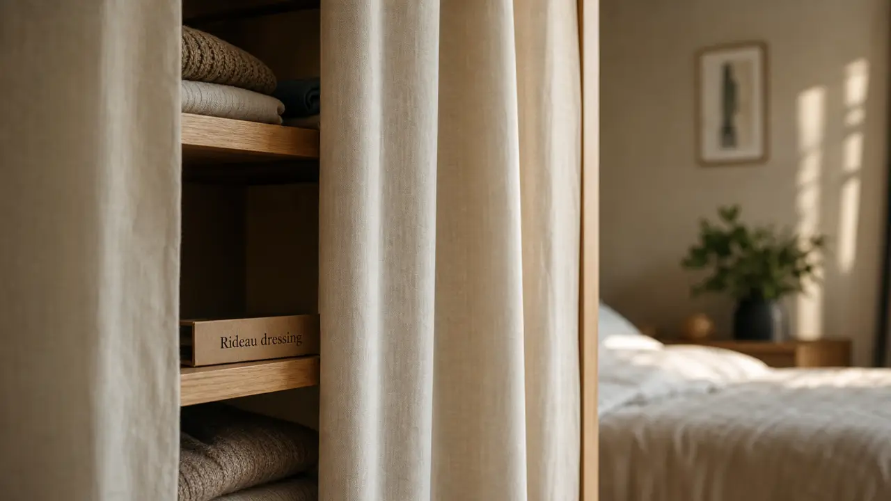 Idée pour fermer un placard sans porte : rideaux de dressing en tissu crème