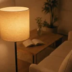 Lampe de salon sur pied avec lumière chaude près d’un canapé beige