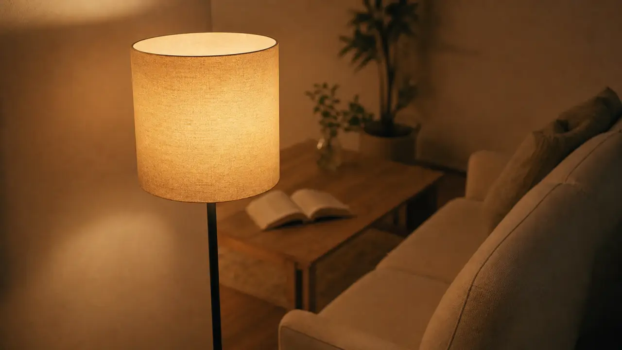 Lampe de salon sur pied avec lumière chaude près d’un canapé beige
