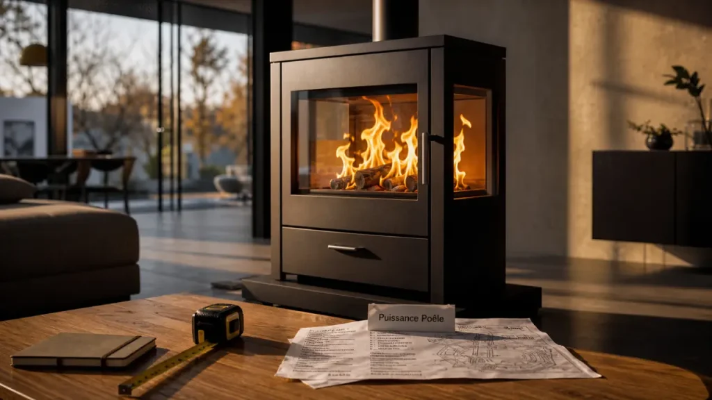 Poele contemporain design rectangulaire, flammes visibles, salon lumineux