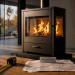 Poele contemporain design rectangulaire, flammes visibles, salon lumineux
