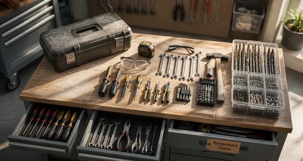 Rangement outil : servante d’atelier, outils triés par zones