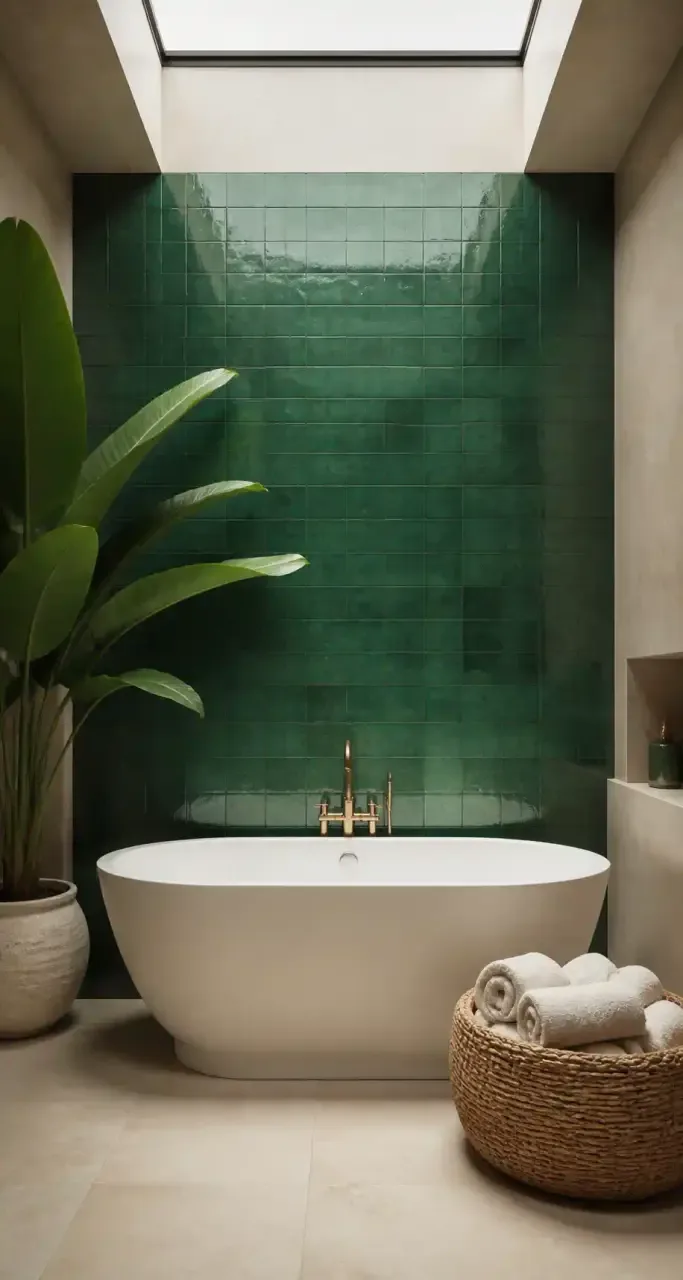Salle de bain minimaliste avec baignoire en fonte et zellige émeraude