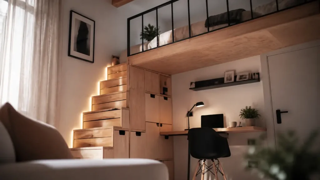 Aménagement mezzanine petit espace : lit en hauteur et escalier intégré dans un studio