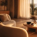 Canapé arrondi beige dans un salon moderne