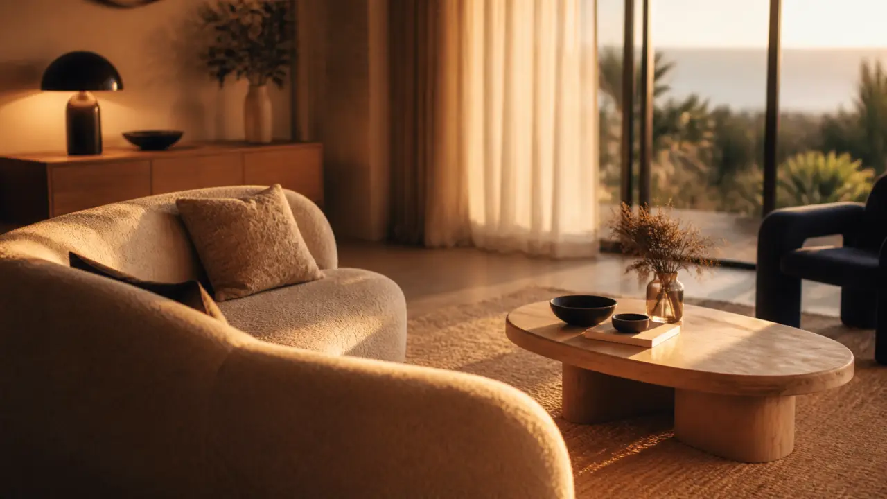 Canapé arrondi beige dans un salon moderne