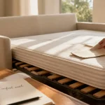 Canapé convertible confortable en position lit, confort nuit visible