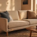 Canapé scandinave beige chiné et bois clair, salon lumineux
