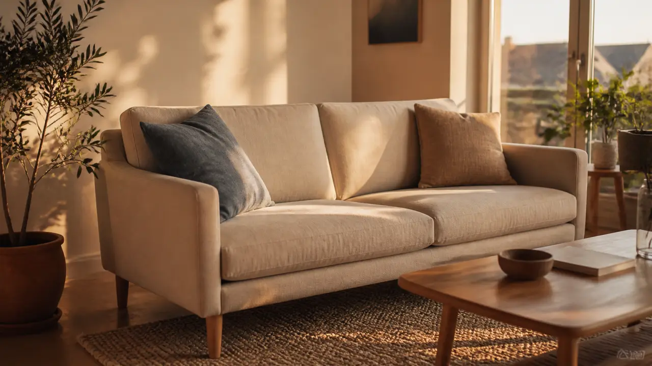 Canapé scandinave beige chiné et bois clair, salon lumineux