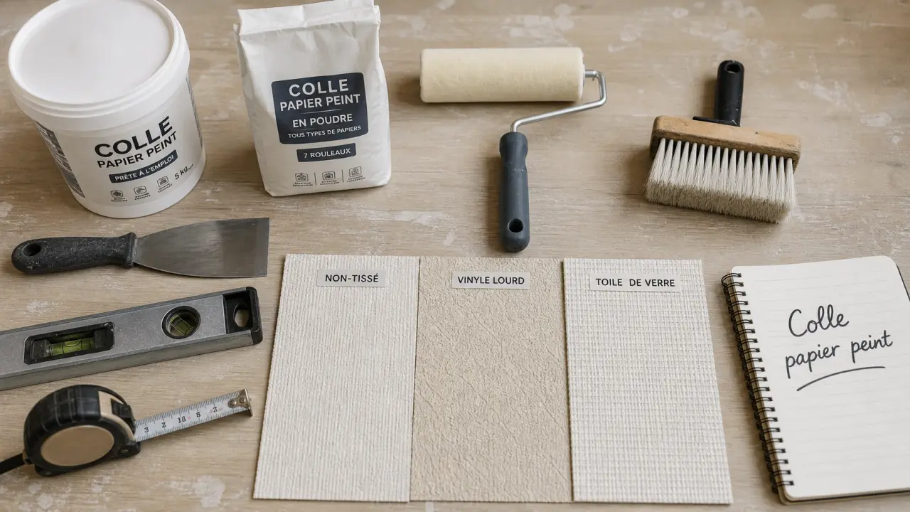 Colle papier peint pour revêtement : pot, poudre et rouleau à tapisser