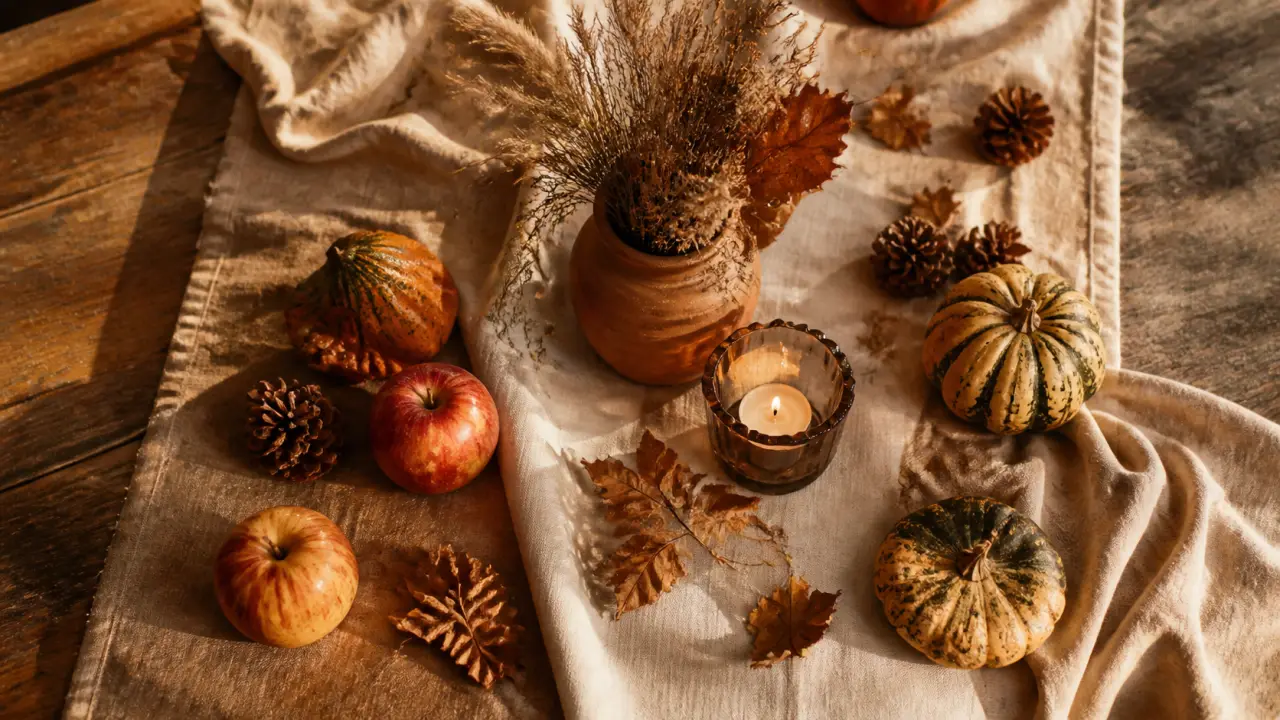 Decoration automne sur table en bois : bougie, terracotta et graminées
