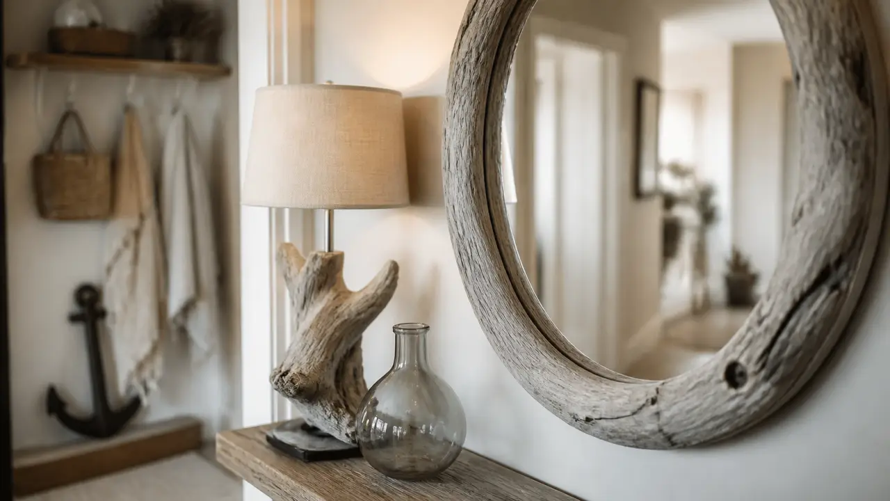 Miroir rond decoration bois flottant en bois flotté gris argenté