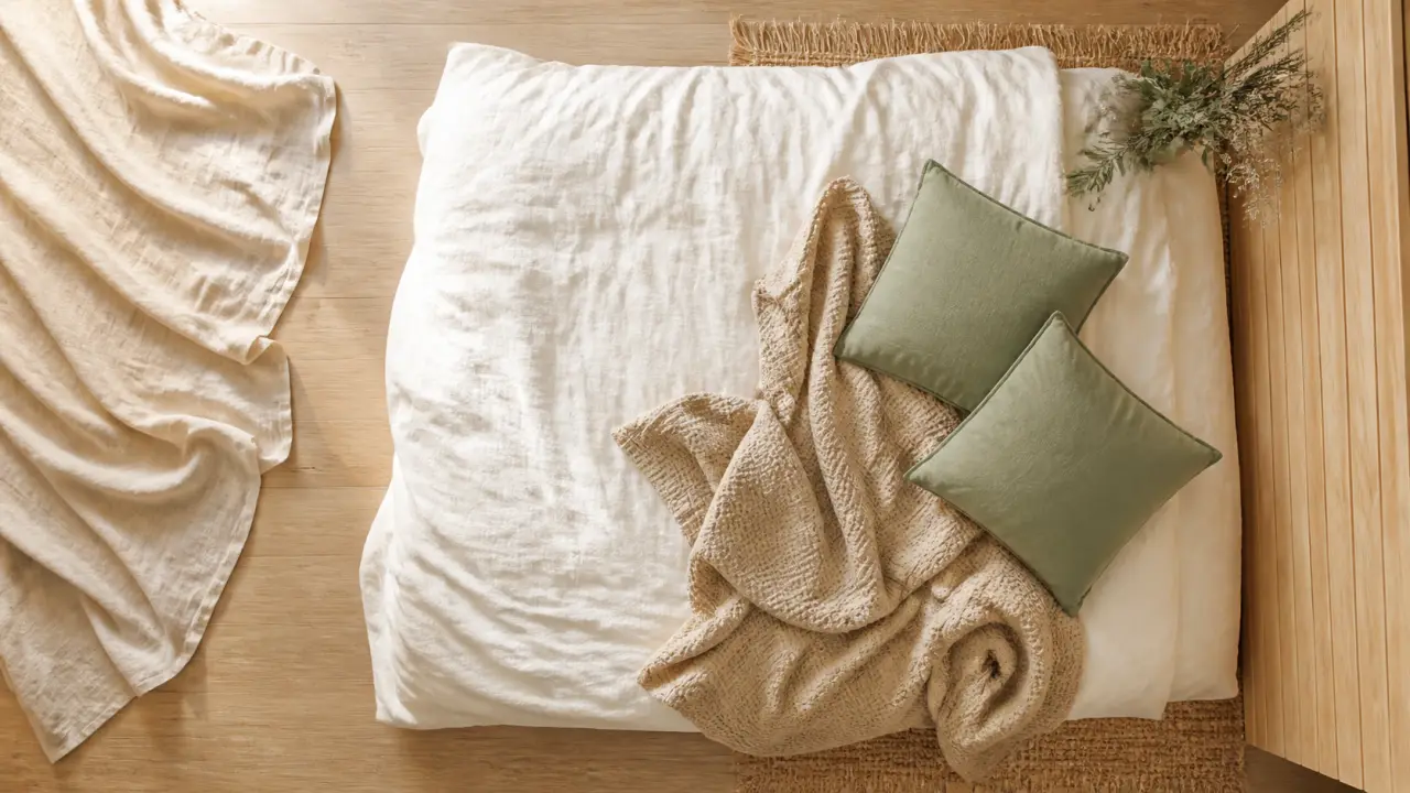 Decoration chambre : textiles et couleurs crème, vert sauge et lumière douce