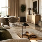 Decoration salon : salon moderne lumineux beige, canapé velours et plantes