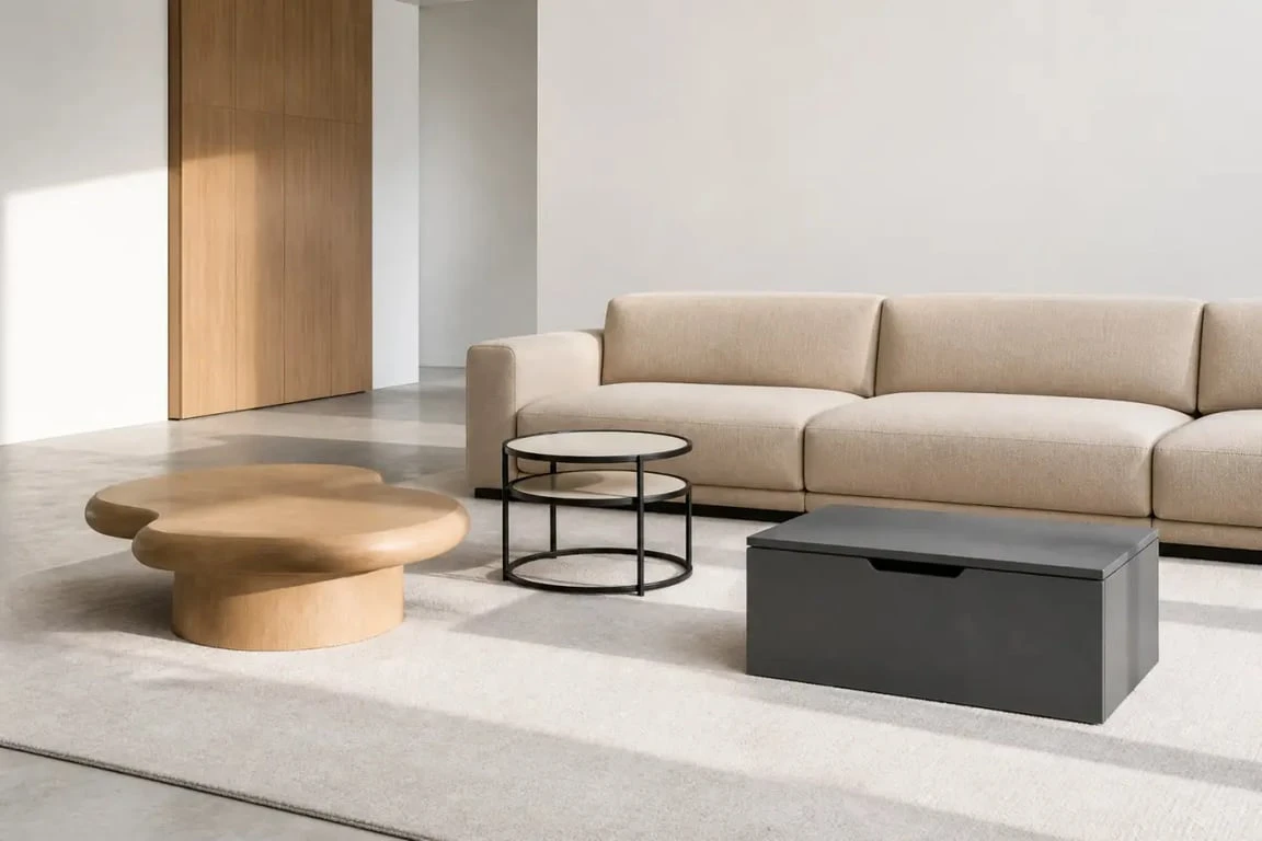 Table basse originale dans un salon contemporain avec plusieurs formes et matières