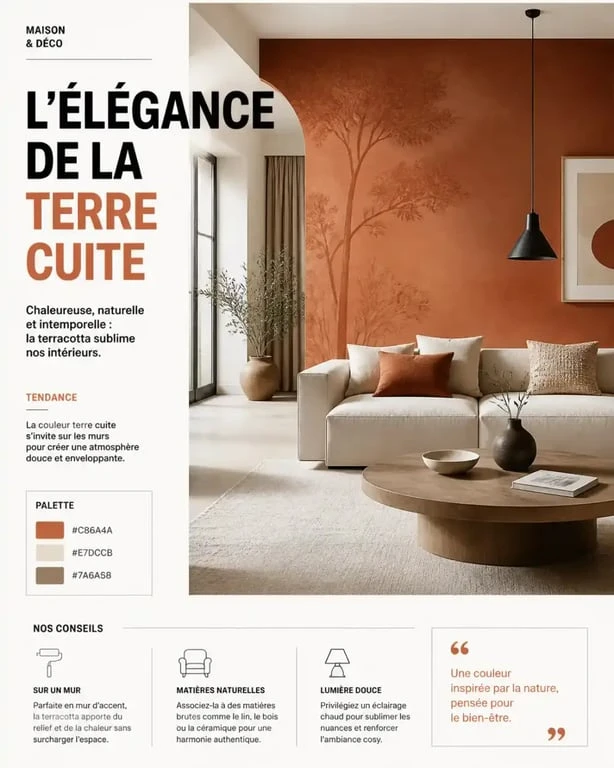 Salon moderne avec papier peint terracotta sur un pan de mur, décoration intérieure tendance