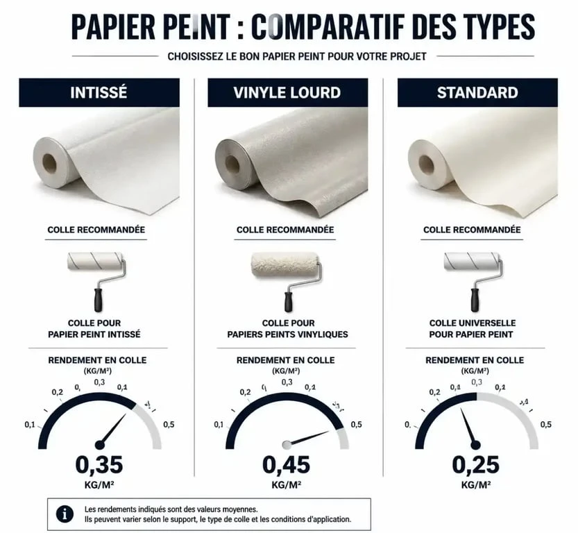 Infographie comparative des types de colle pour papier peint intissé, vinyle et standard