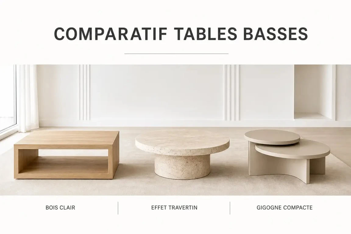 Table basse beige : comparaison visuelle de trois modèles de table basse beige ronde, rectangulaire et gigogne dans un salon lumineux