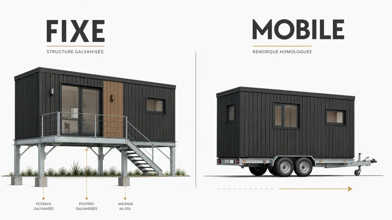 Tiny house fixe comparée à une tiny house mobile dans une illustration éditoriale