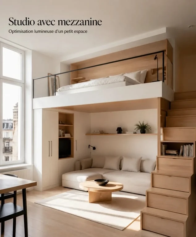 aménagement mezzanine petit espace dans un studio optimisé avec lit en hauteur et escalier de rangement
