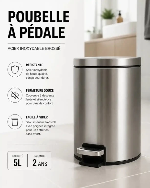 Poubelle à pédale en inox pour salle de bain