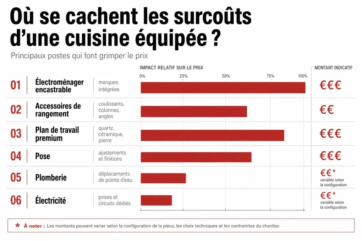 Postes qui font varier le prix cuisine équipée et alourdissent le devis final