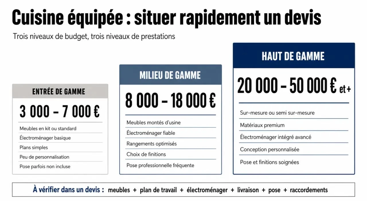 Fourchettes de prix cuisine équipée selon l'entrée de gamme, le milieu de gamme et le haut de gamme