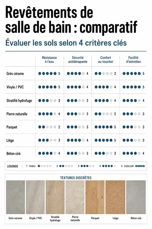 Comparatif des options de sol salle de bain avec résistance à l’eau, antidérapance et entretien