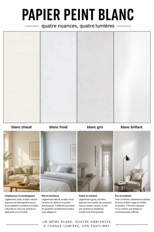 Nuancier de papier peint blanc avec différentes nuances et finitions pour choisir le bon rendu dans une pièce