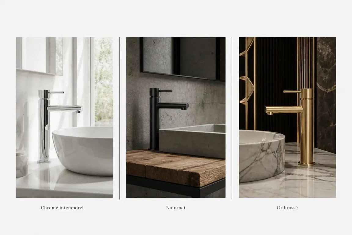 Comparatif visuel de robinetterie salle de bain selon trois styles de décoration
