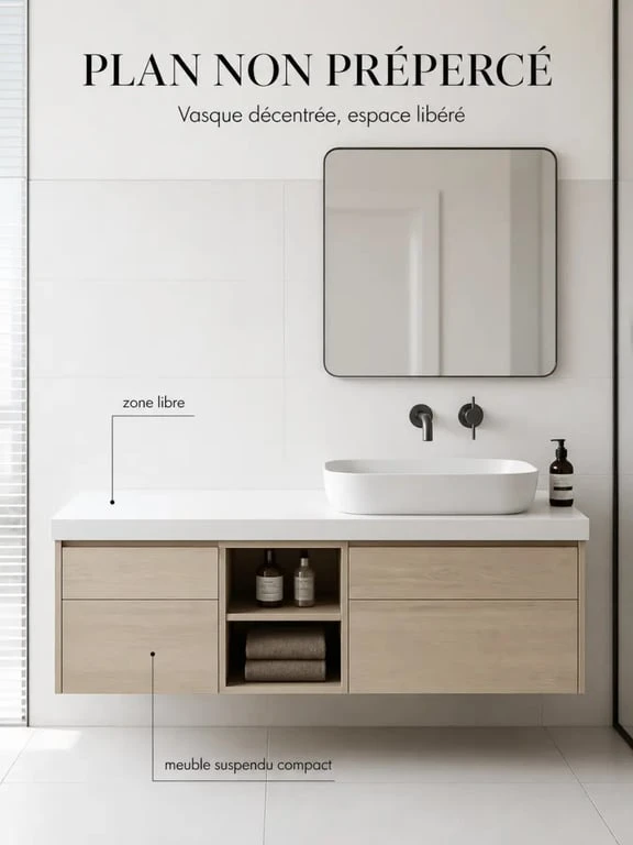 Plan de travail salle de bain avec vasque décentrée et zone de pose optimisée dans une petite salle de bain