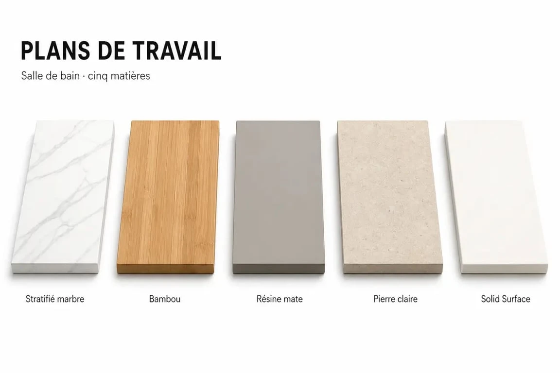 Plan de travail salle de bain : comparaison visuelle des matériaux stratifié, bambou, résine, pierre et Solid Surface