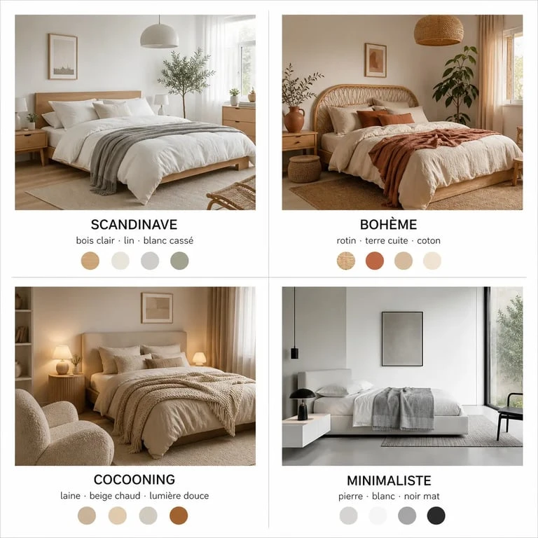 Décoration chambre comparant quatre styles décoratifs : scandinave, bohème, cocooning et minimaliste