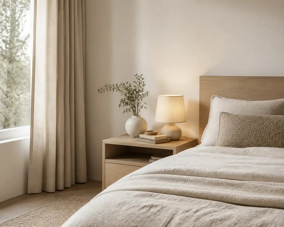 Décoration chambre chaleureuse et reposante avec linge de lit texturé, bois clair et lumière naturelle douce