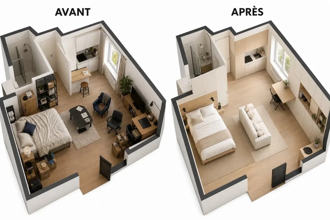 deco studios : aménagement d’un petit studio optimisé avec coin nuit, coin salon et rangements discrets